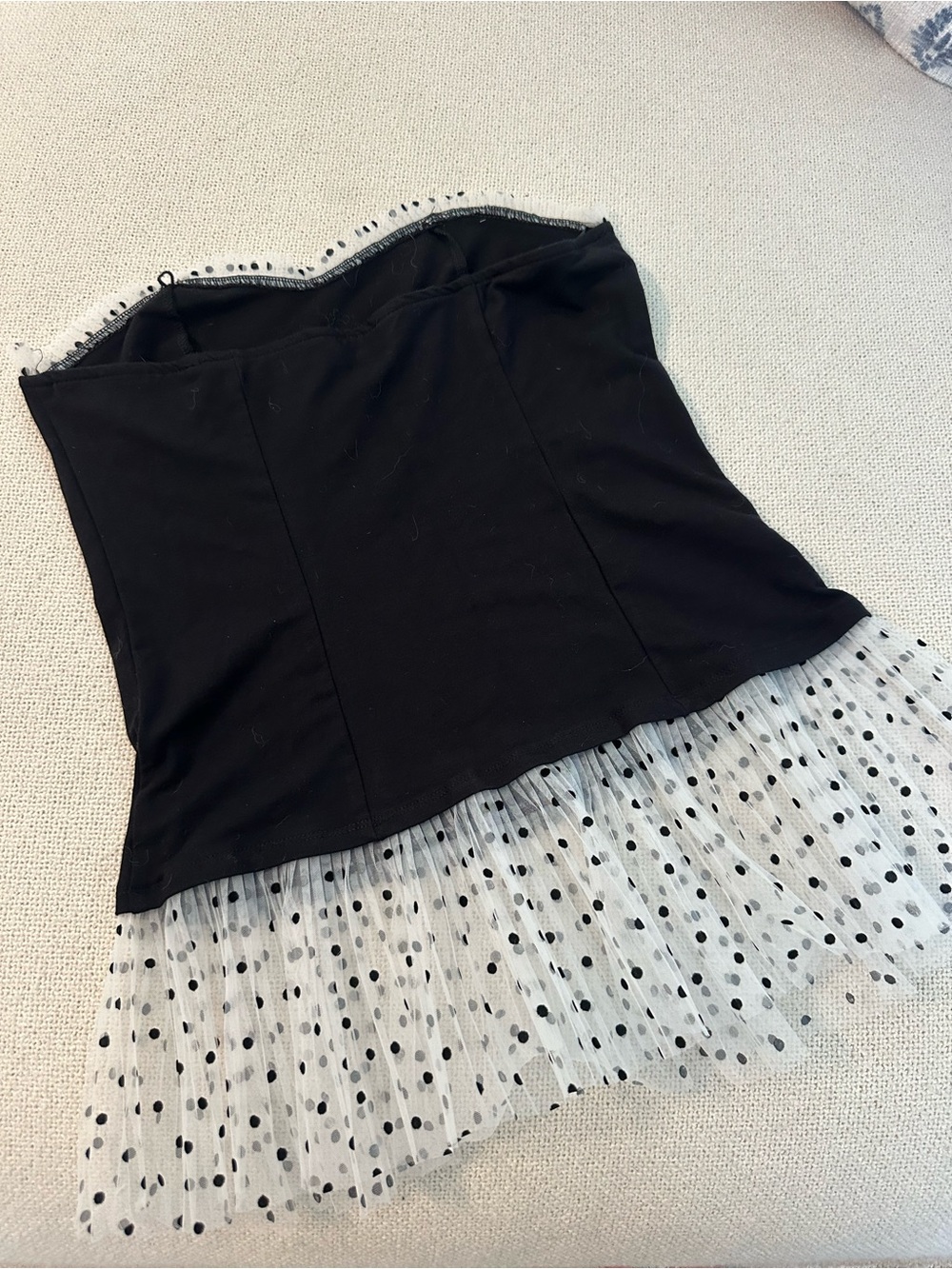 Anthropologie Black Tulle Polka Dot Strapless Fitted Top